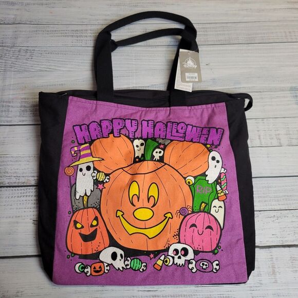 NWT Disney Parks Mickey Mouse Head Happy Halloween Pumpkin Zipper Tote Bag Black - Picture 1 of 11